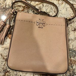 Tory Burch crossbody purse in a warm taupe
